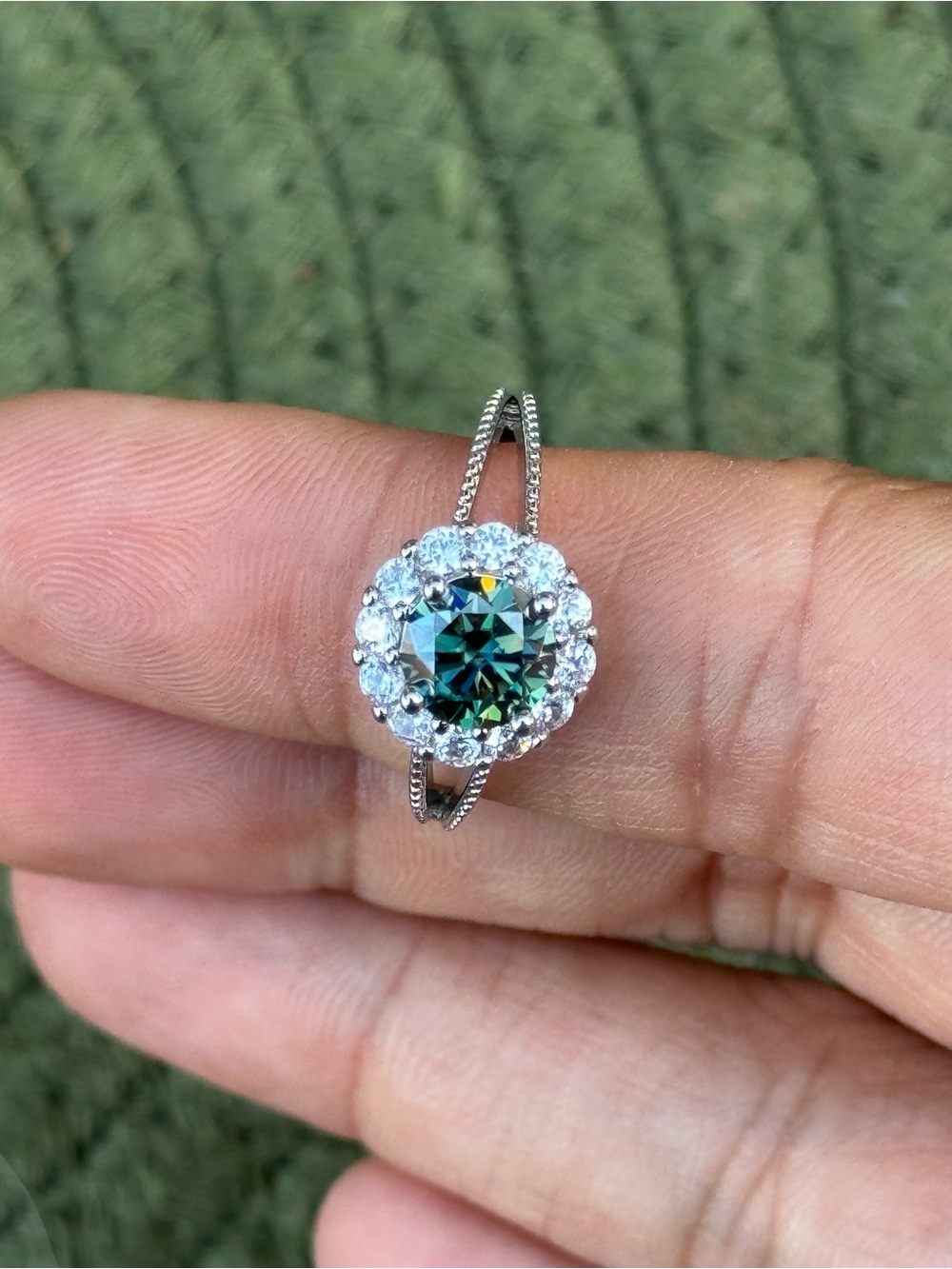 1 CT Green-Blue Moissanite Flower Halo Ring – Size 6 – GRA Certified